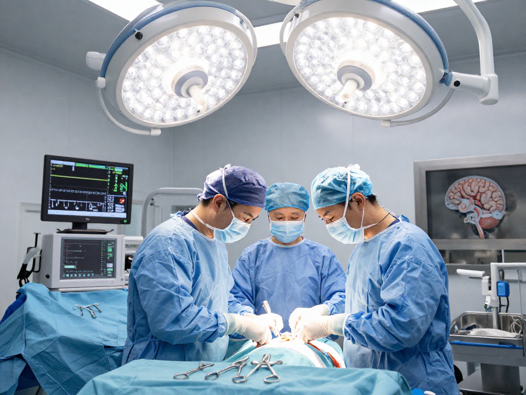 Beyin tümörü ameliyatı in action, showcasing the surgical team and advanced technology in a modern operating room.