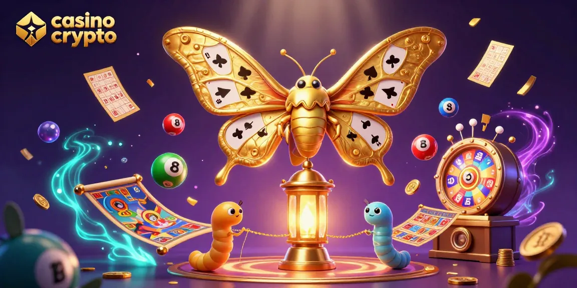 Un jeu captivant de casino crypto avec des pièces de Bitcoin, des bulles et un papillon en 3D.