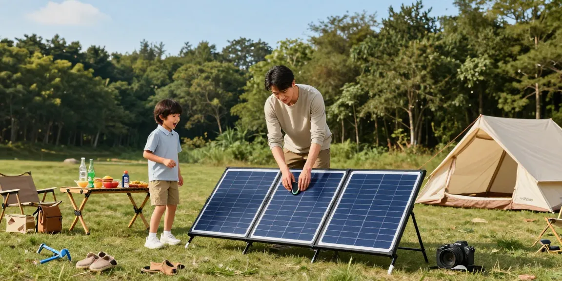 Family setting up a foldable solar panel during an outdoor camping adventure.