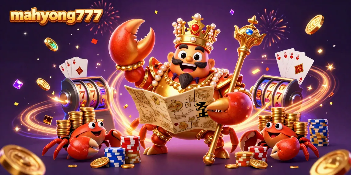 Experience mahyong777 in a vibrant casino scene with golden crab emperor and treasures.