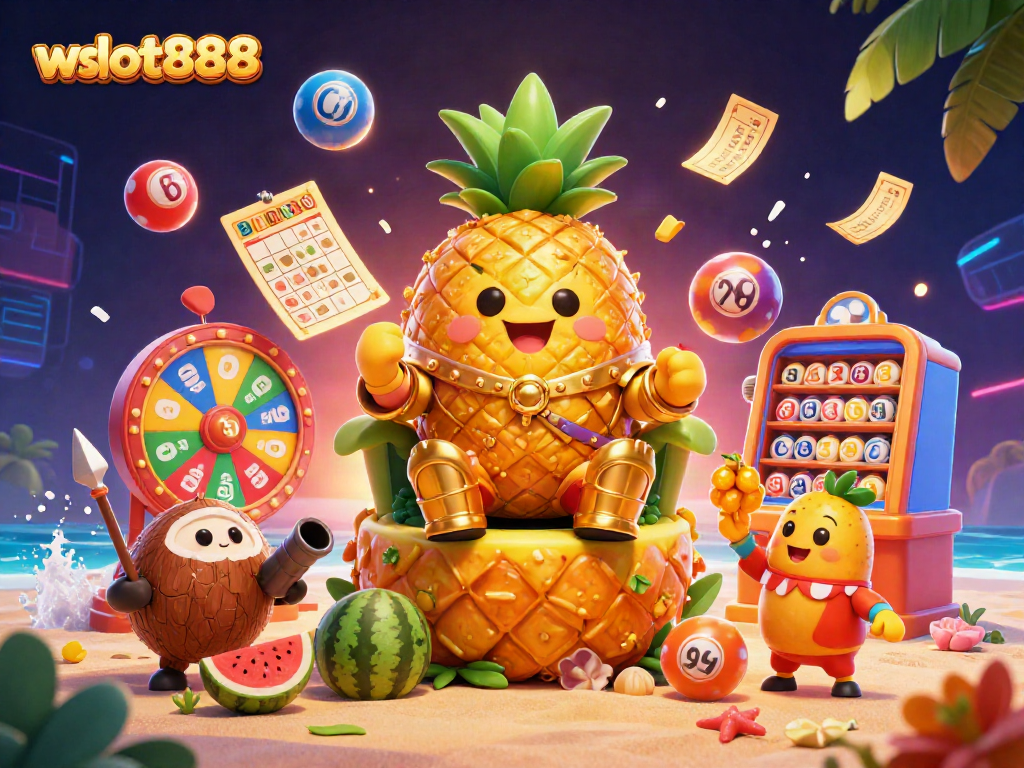 Permainan jackpot menarik di wslot888 dengan raja nanas kuning, bodyguard kelapa, dan badut mangga.
