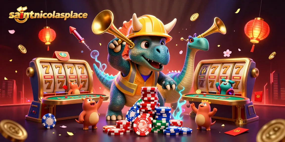 Immerse in the gaming world at saintnicolasplace with triceratops building poker chip towers in celebration.