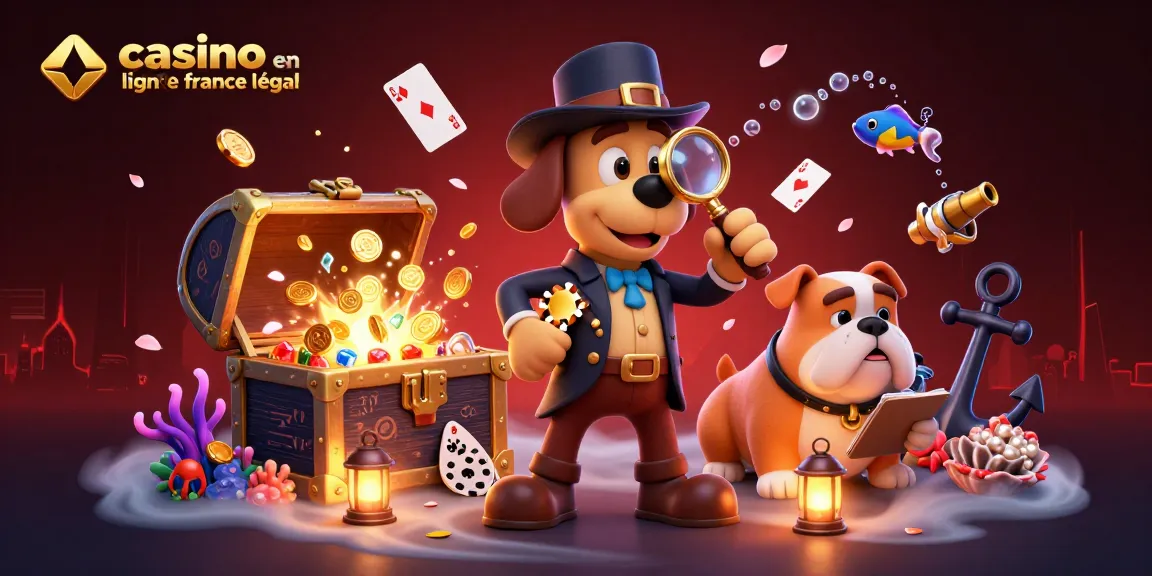 Jeu dans un casino en ligne légal en France avec un chien détective et un bulldog assistant.