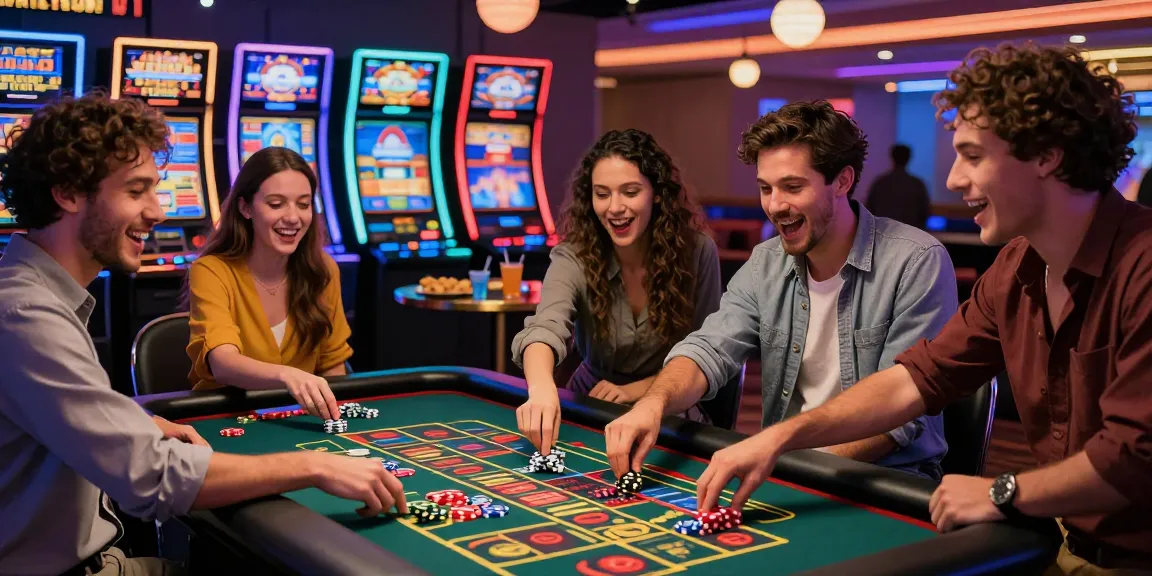 Ami(e)s s'amusant lors d'une partie animée de casino en ligne à une table de roulette numérique avec un éclairage vif.