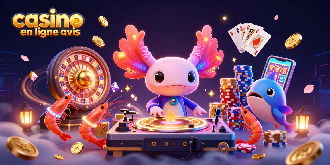 Avis de casino en ligne : axolotl DJ et camarades dans une scène animée remplie de pièces dorées.