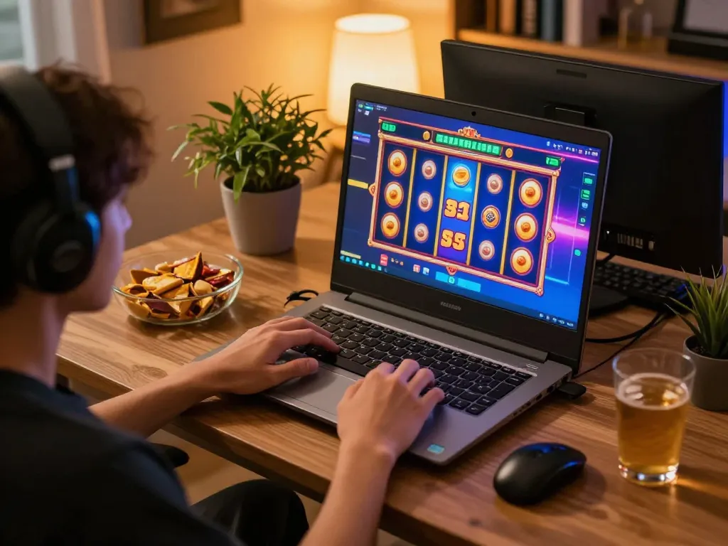 Engaging online gaming scene featuring situs slot gameplay on a laptop in a cozy home setup