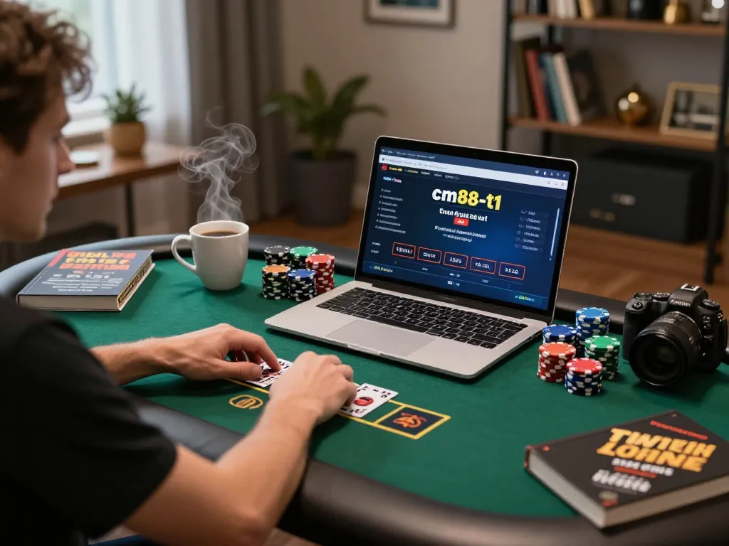 Engaging online poker gameplay at cm88-t1 with a player preparing strategies and betting on laptop