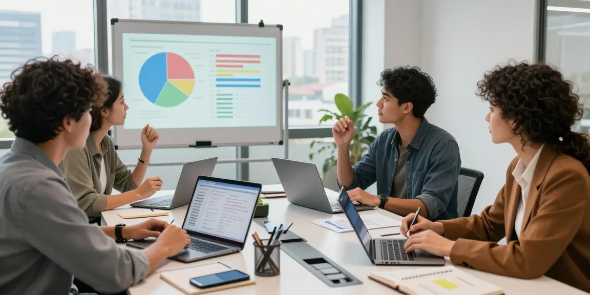 Brainstorming marketing strategies in a vibrant office scene at https://factors.org.uk, showcasing a dynamic team collaborating with data visualizations.