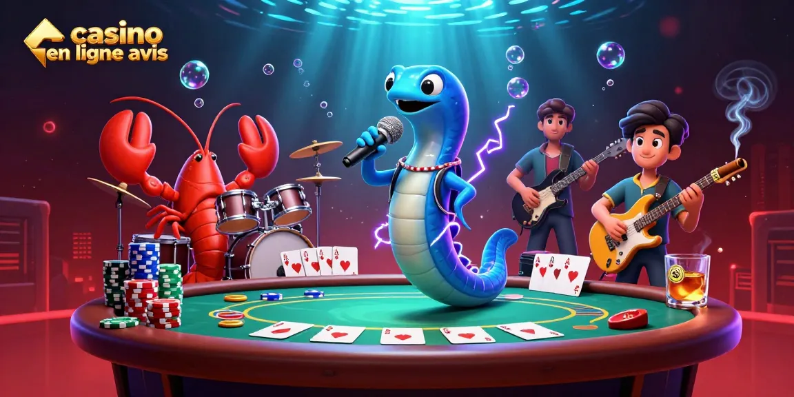 Casino en ligne avis : illustration dynamique d'un créateur de jeux dans un casino sous-marin avec des éléments de poker.
