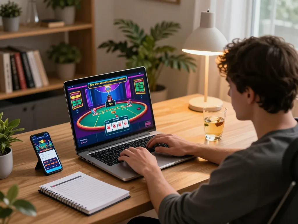 Engaging user playing blackjack on TT88 online casino setup at home, warm inviting atmosphere