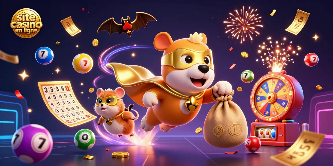 Un super-héros chien et son hamster volent pour promouvoir le site casino en ligne avec des éléments de jeu colorés.