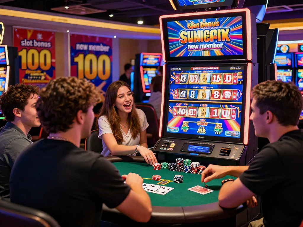 New players celebrating wins at a slot machine with slot bonus new member 100 promotions in a vibrant online casino setting.