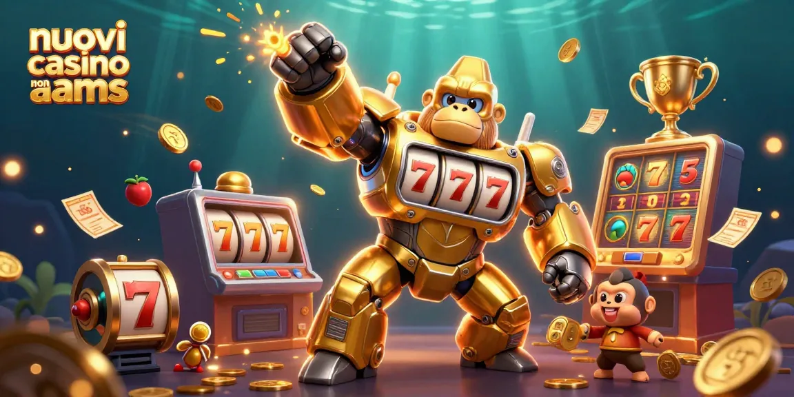 Giocando nei nuovi casino non AAMS con il gorilla mech, simboli delle slot e trofei dorati.