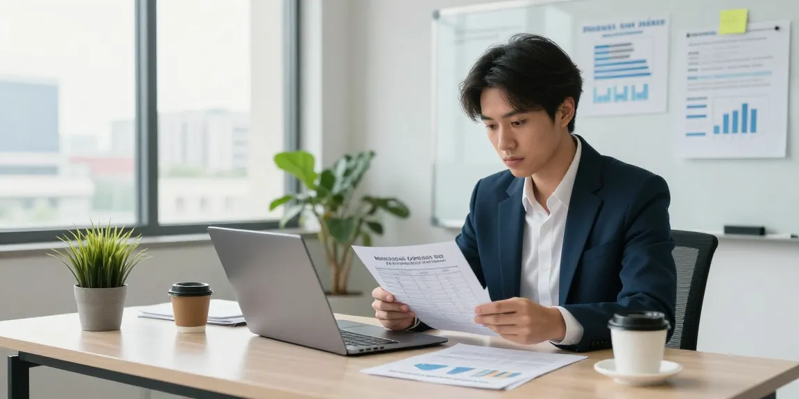 Analyzing merchant cash advance pros and cons in a business office setting with financial documents, a laptop, and a bright urban background.