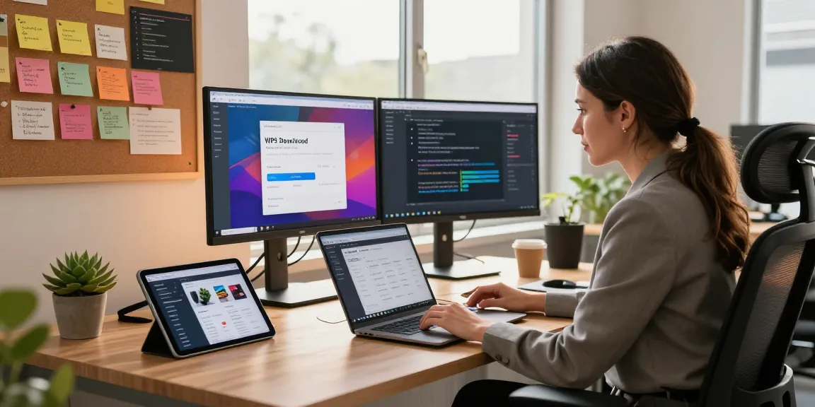 WPS Download in a modern tech workspace showing a professional woman engaging with software on dual monitors.