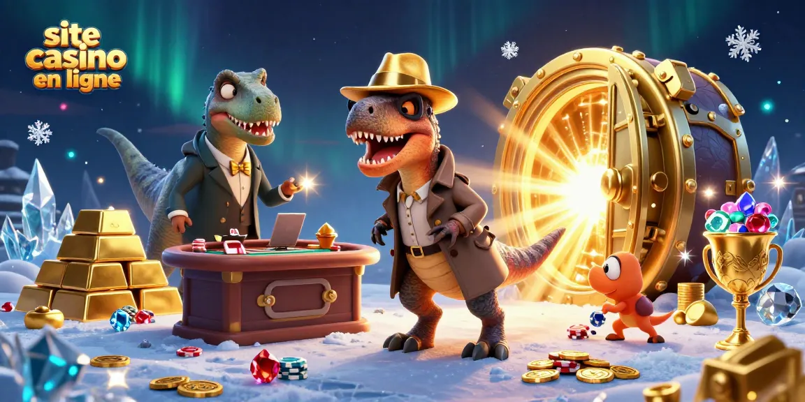 site casino en ligne: illustration de casino avec des dinosaures jouant aux cartes et des trésors