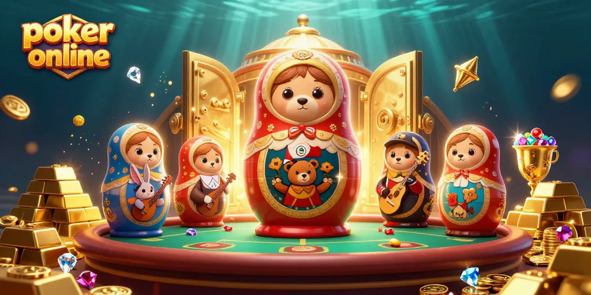 Jouez au poker en ligne avec cette scène captivante de notre ours Matryoshka et des cochons de casino.