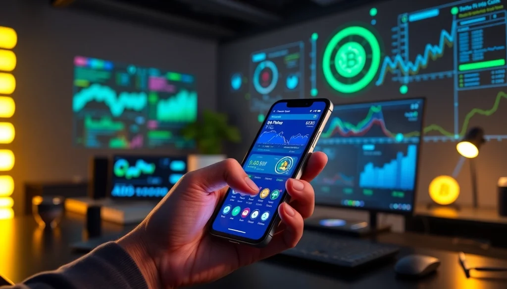 Engaging scene showcasing a user interacting with a crypto mining app in a modern workspace.