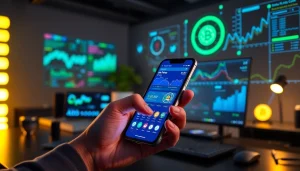 Engaging scene showcasing a user interacting with a crypto mining app in a modern workspace.