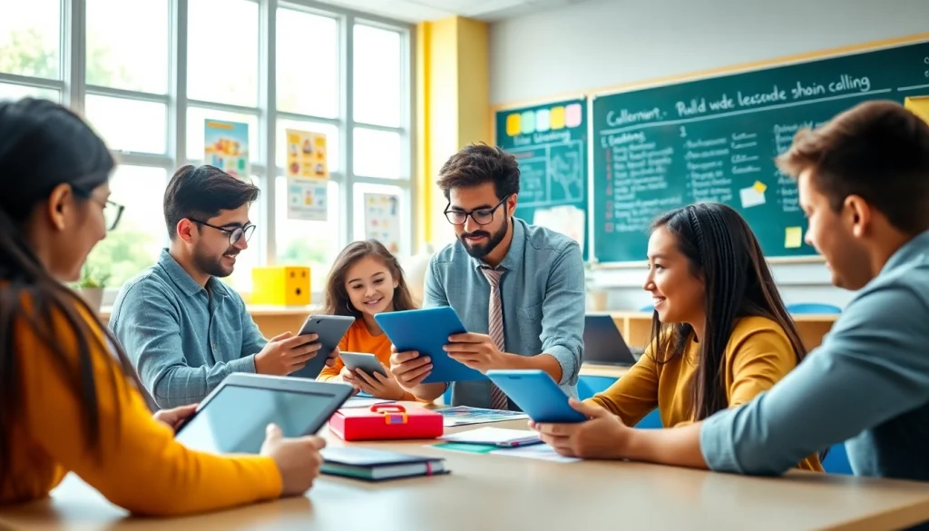 Engaging classroom environment focused on Education with students and a teacher collaborating.