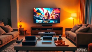 Experience vibrant content streaming through iron IPTV in a stylish modern living room setup.