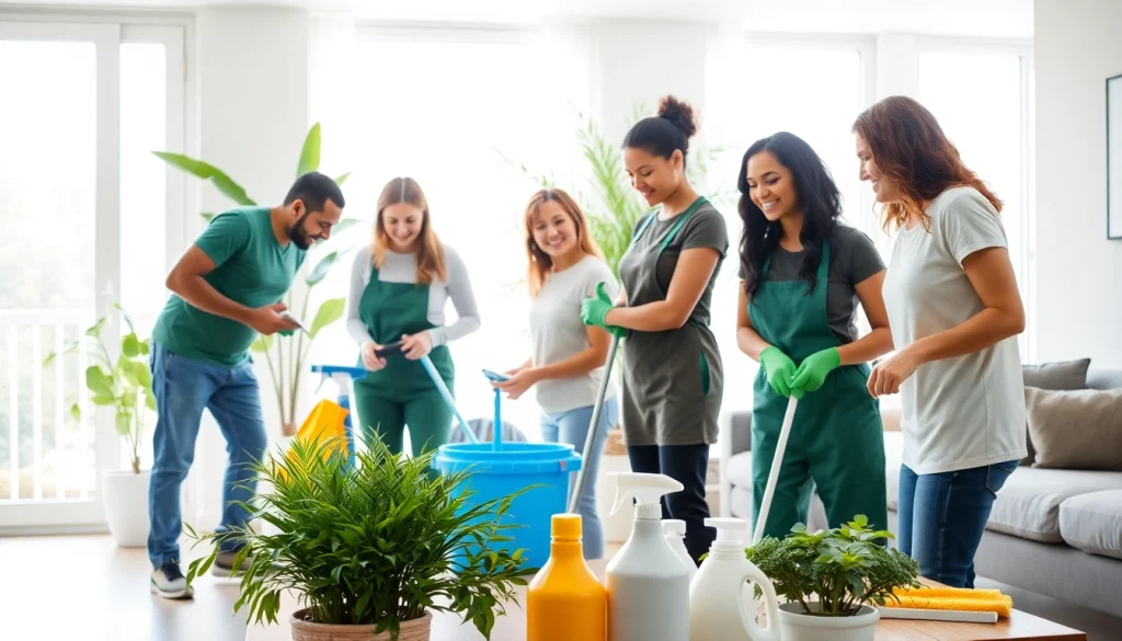 Efficient cleaning service team diligently cleaning a home, demonstrating professionalism and teamwork.