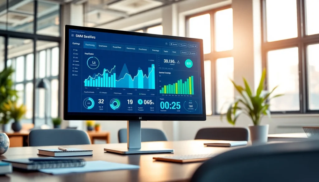 Utilizing an engaging smm reseller panel interface displayed on a modern dashboard in a professional office.