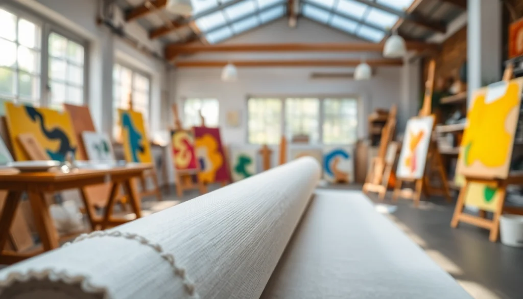 Canvas roll in a bright workshop, highlighting vibrant colors and textures.