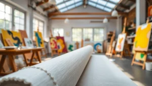 Canvas roll in a bright workshop, highlighting vibrant colors and textures.