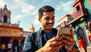 Engaging in sports betting in Mexico with a mobile app in a vibrant cultural setting.