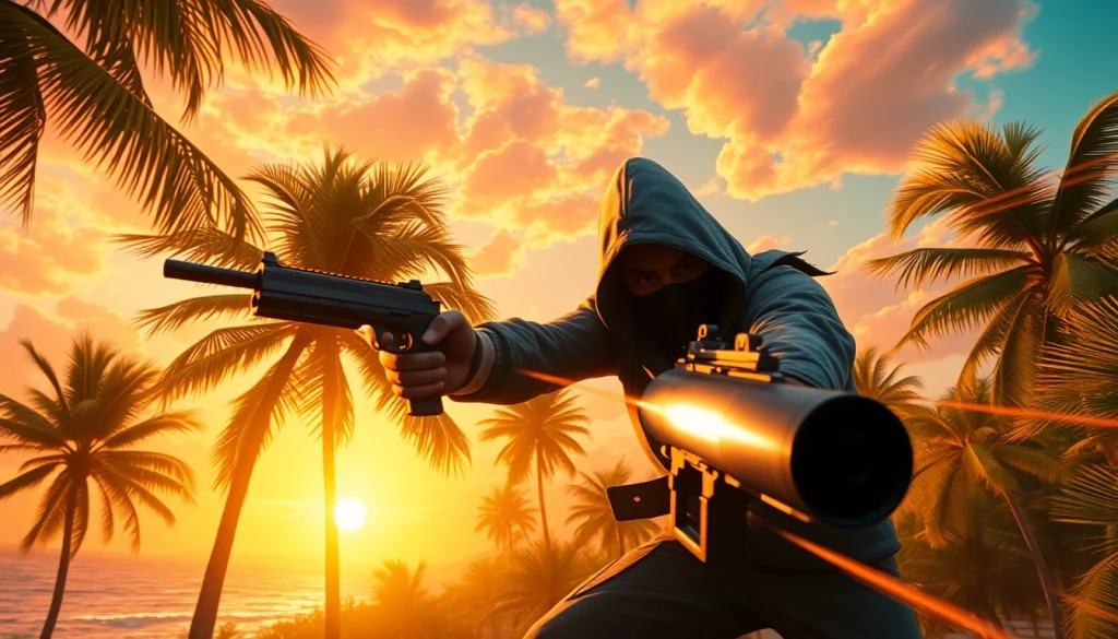 Action-packed moment with Aloha and Bullets highlighting a skilled assassin in a tropical setting.