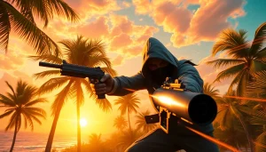 Action-packed moment with Aloha and Bullets highlighting a skilled assassin in a tropical setting.