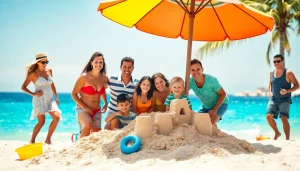 Cabo family activities on the beach with families building sandcastles.