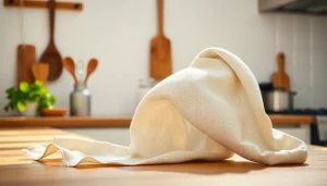 Vouw een kaasdoek op een houten aanrecht voor een gezellige keukenomgeving.