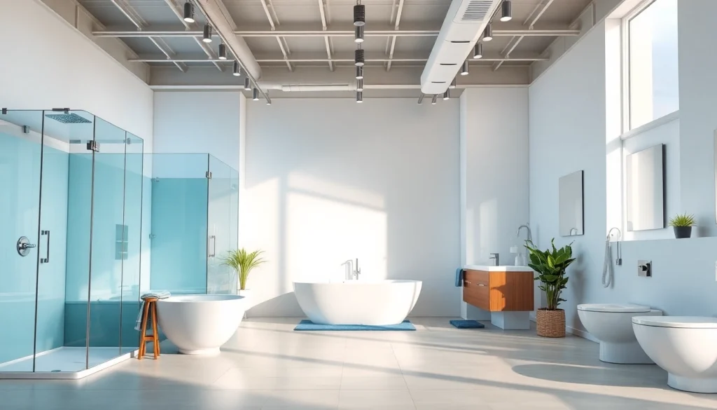 Sonni sanitär GmbH zeigt stilvolle Duschwände und moderne Badezimmerlösungen in einem eleganten Showroom.