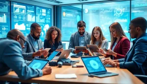 Engaged professionals collaborating on Technology concepts in a modern office.