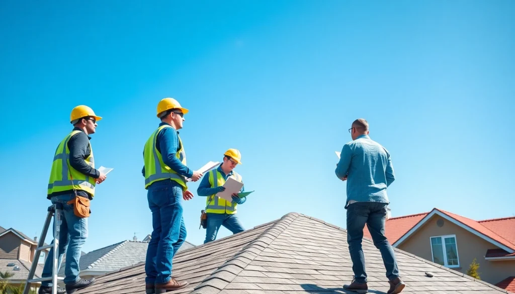 Providing reliable roofing services with a professional team inspecting a residential roof.