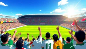 축구중계 중 열광하는 팬들과 색색의 배너가 있는 장면입니다.