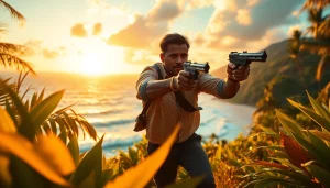 Leroy Silver facing challenges in Aloha and Bullets amidst a lush Hawaiian landscape.