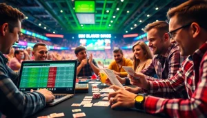 Engaged bettors explore the best sportsbooks in Brazil with vibrant betting scenes and lively atmosphere.