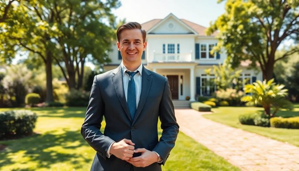 Real Estate agent showcasing an elegant house for sale in a bright outdoor environment.