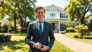 Real Estate agent showcasing an elegant house for sale in a bright outdoor environment.
