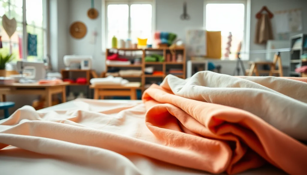 Katoen stoffen op een naaitafel met kleurrijke rollen en gereedschap voor creatievelingen.