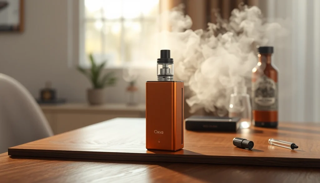 Oxva vaping device auf einem stilvollen Tisch mit entspannter Atmosphäre.