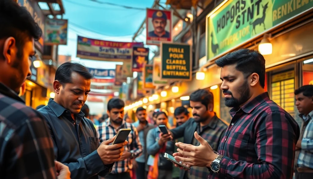 Engaged bettors exploring sports betting sites India in a vibrant marketplace.