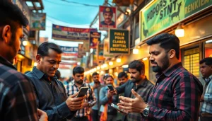 Engaged bettors exploring sports betting sites India in a vibrant marketplace.