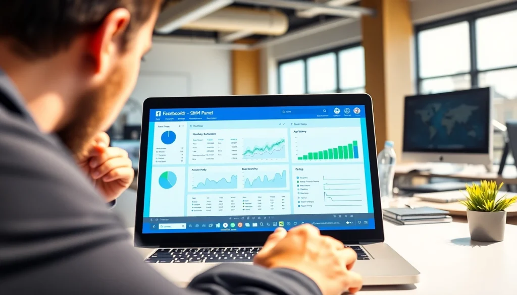 Showcasing a vibrant facebook smm panel interface analysis on a laptop screen in a modern office setting.