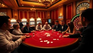 Experience the thrill of go8 at a luxurious poker table in a vibrant casino setting.