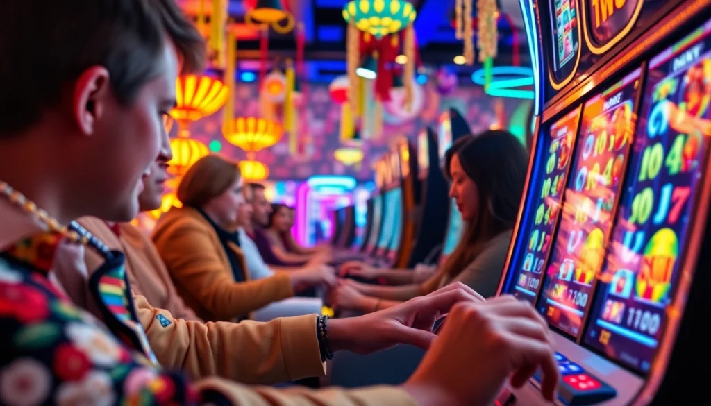 Menggambarkan pengalaman slot deposit pulsa yang menarik dengan pemain yang aktif dan mesin slot berwarna-warni.