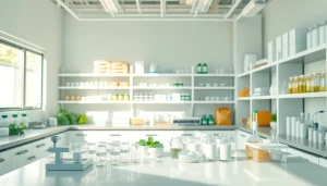 Showcasing an industrial sweetener setup with stevia and erythritol in a modern lab.